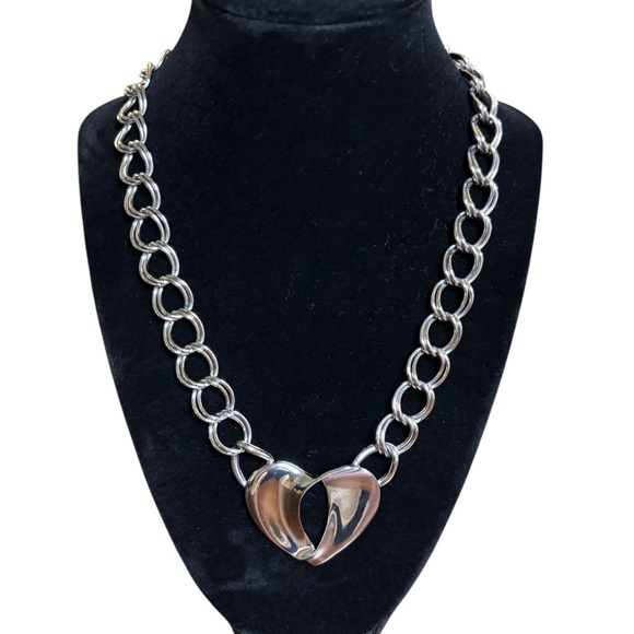 Silver Tone Open Heart Link Necklace | Chunky Statement Chain - Picture 6 of 6